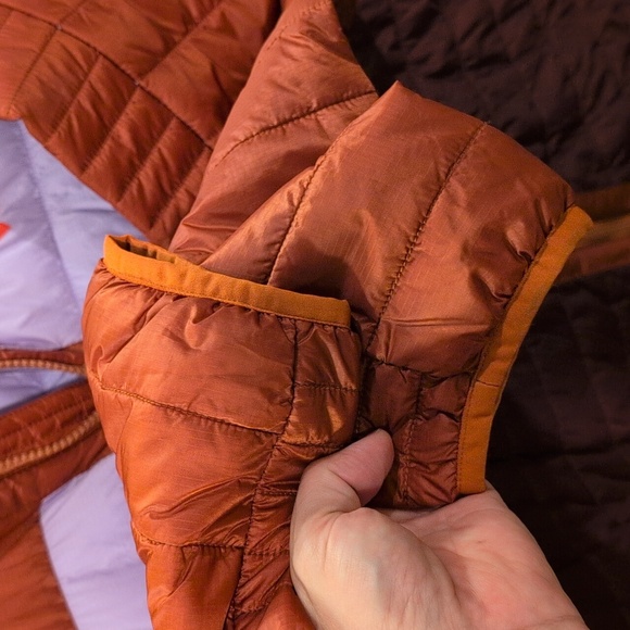 Cotopaxi Colorblock Puffer Jacket FUEGO With Hoodie - Orange, Lilac And Brown - Picture 3 of 5